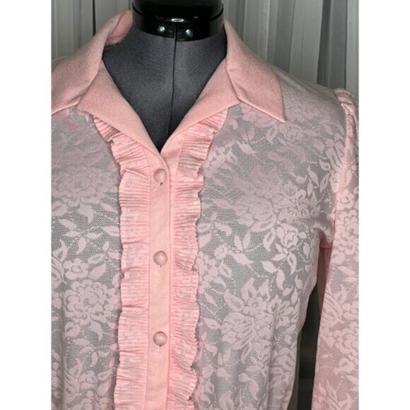 dress 1980s sheer lace bodice ruffle front pink - Picture 4 of 10